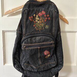 1990's Black Acid Wash Floral Embroidered Back Pack